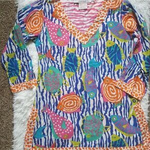 Gretchen Scott Designs Tunic Top Multicolor Fish Tropical Nautical Women’s XS
